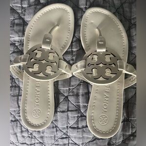 New worn, Tori white patent miller sandal. Size 6.